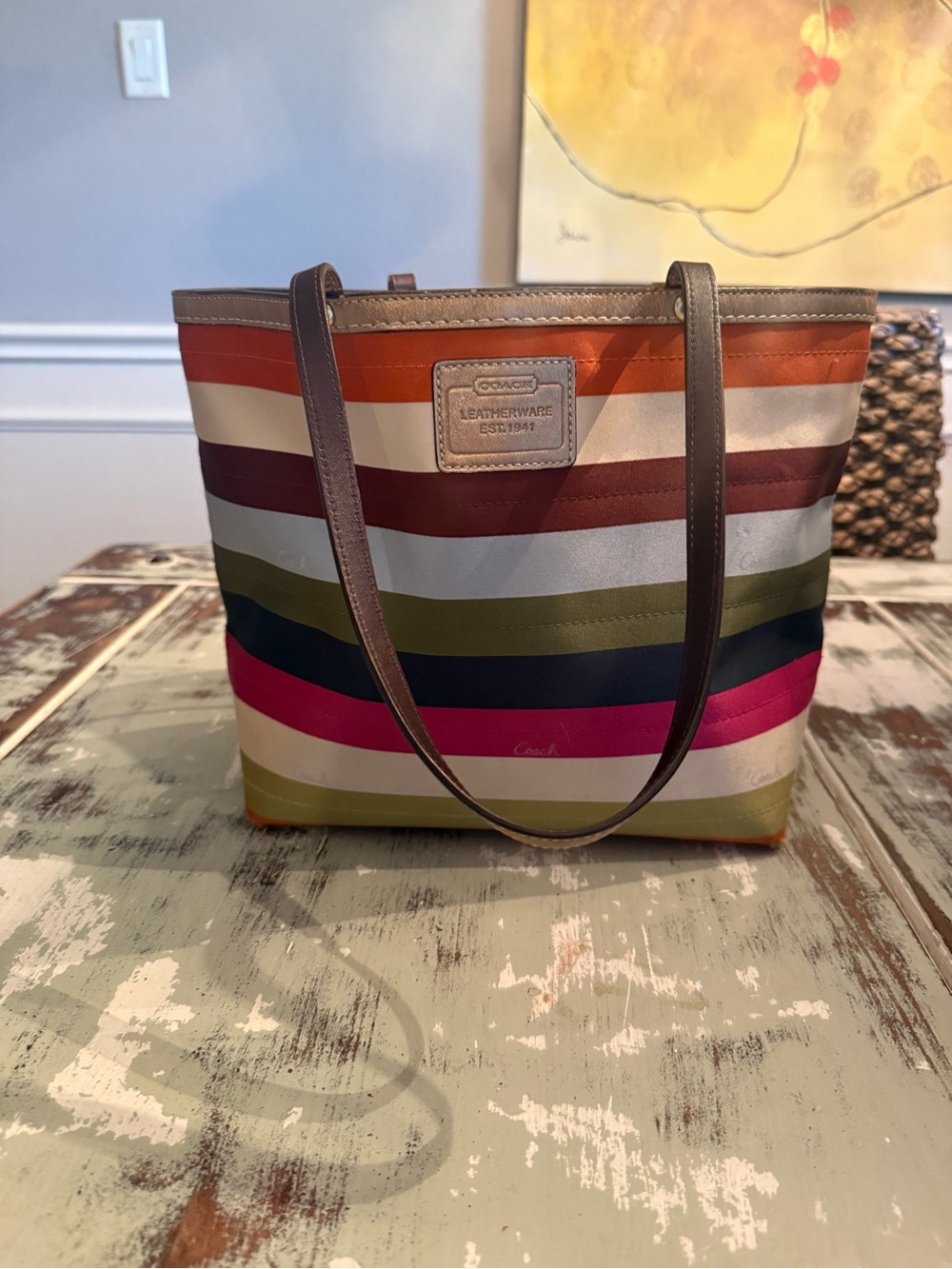 Coach Multicolor Striped Tote(rare) - Pink, Green, Orange, Cream, Silver
